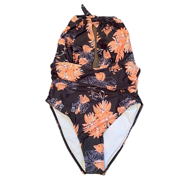 Floral Keyhole Halter Top One Piece Swim Suit - Picture 2 of 6